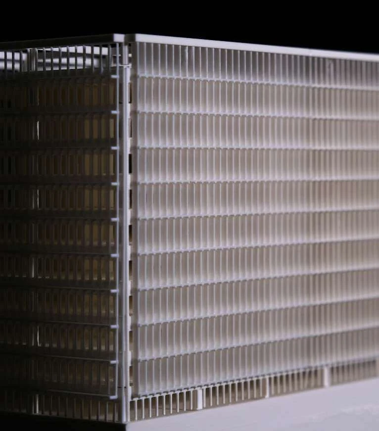 Physical model of a layered office facade with fine vertical elements