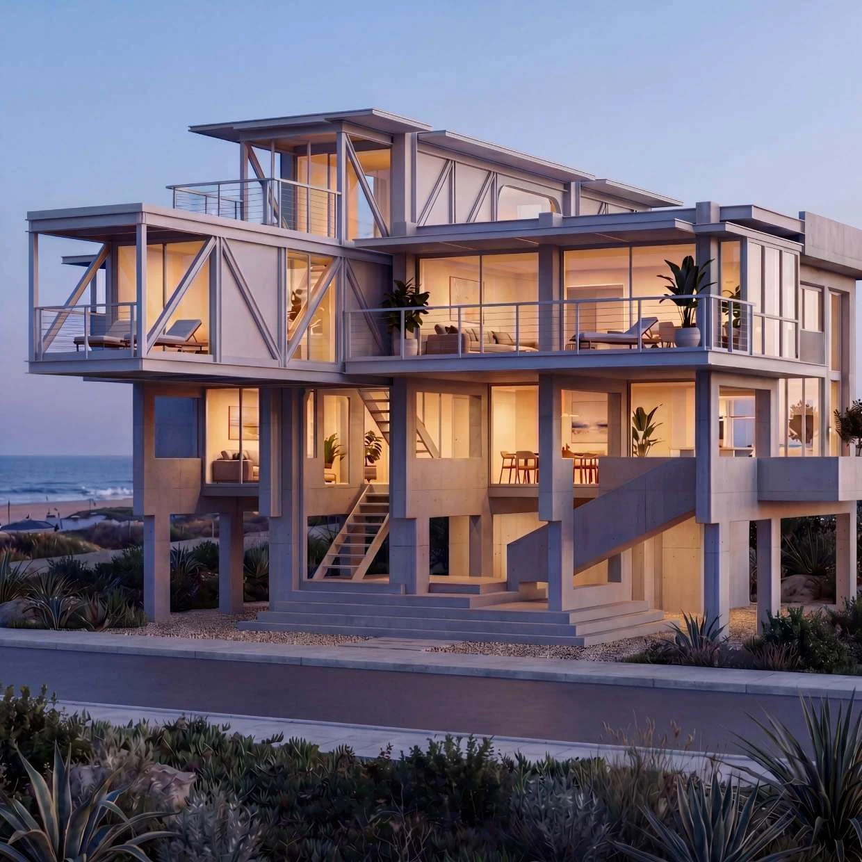 Architectural visualisation of the proposed Lovell Beach House alteration at dusk